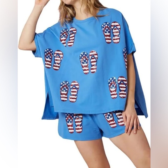 Fantastic Fawn Tops - Women’s Large tee Fantastic fawn oversized Americana sequin flip flops blue